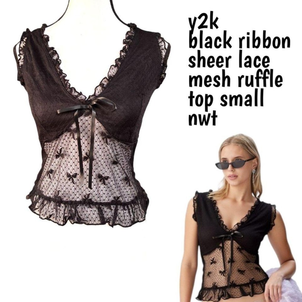 y2k black ribbon mesh sheer ruffle grunge blouse nwt small